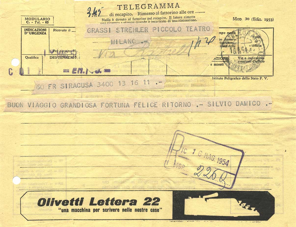 16 maggio 1954. Silvio D’amico augura buon viaggio alla compagnia dell’Arlecchino- Archivio Piccolo Teatro di Milano
