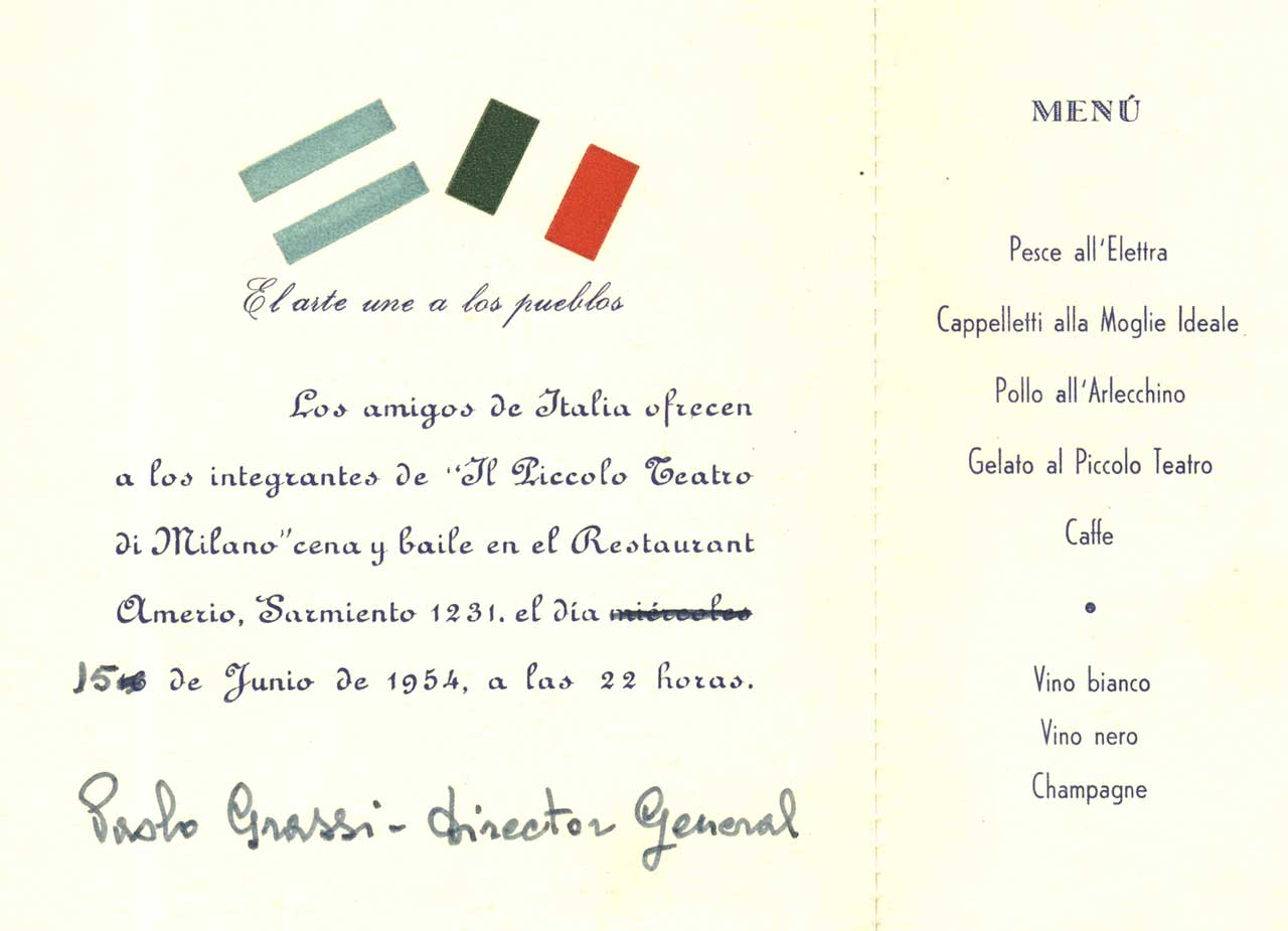Il menù della cena in onore del Piccolo Teatro a Buenos Aires, 15 giugno 1954 - Archivio Piccolo Teatro di Milano