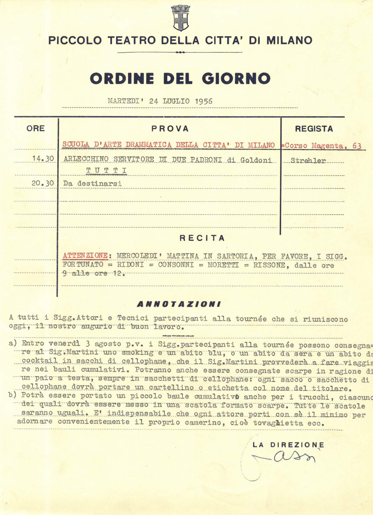 24 luglio 1956: indicazioni alla compagnia prima di partire per la tournée - Archivio Piccolo Teatro di Milano 