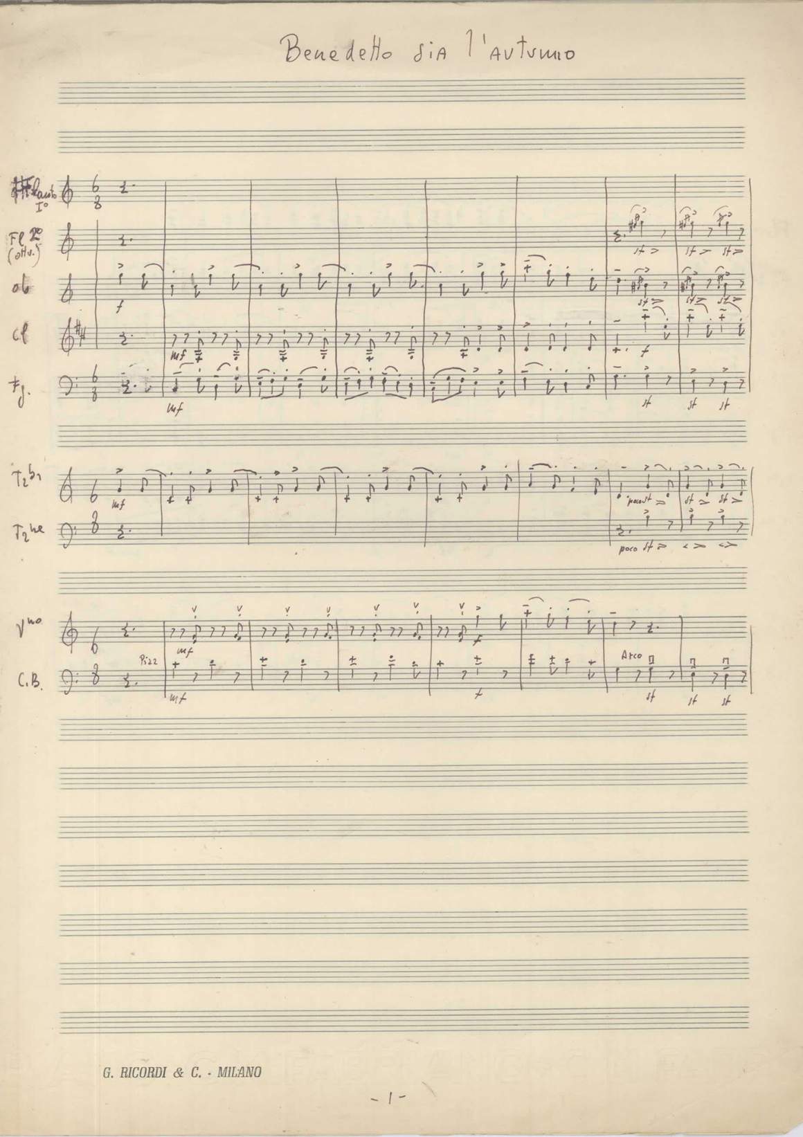 Partitura autografa di Fiorenzo Carpi di una delle canzoni dello spettacolo - Archivio Piccolo Teatro di Milano 