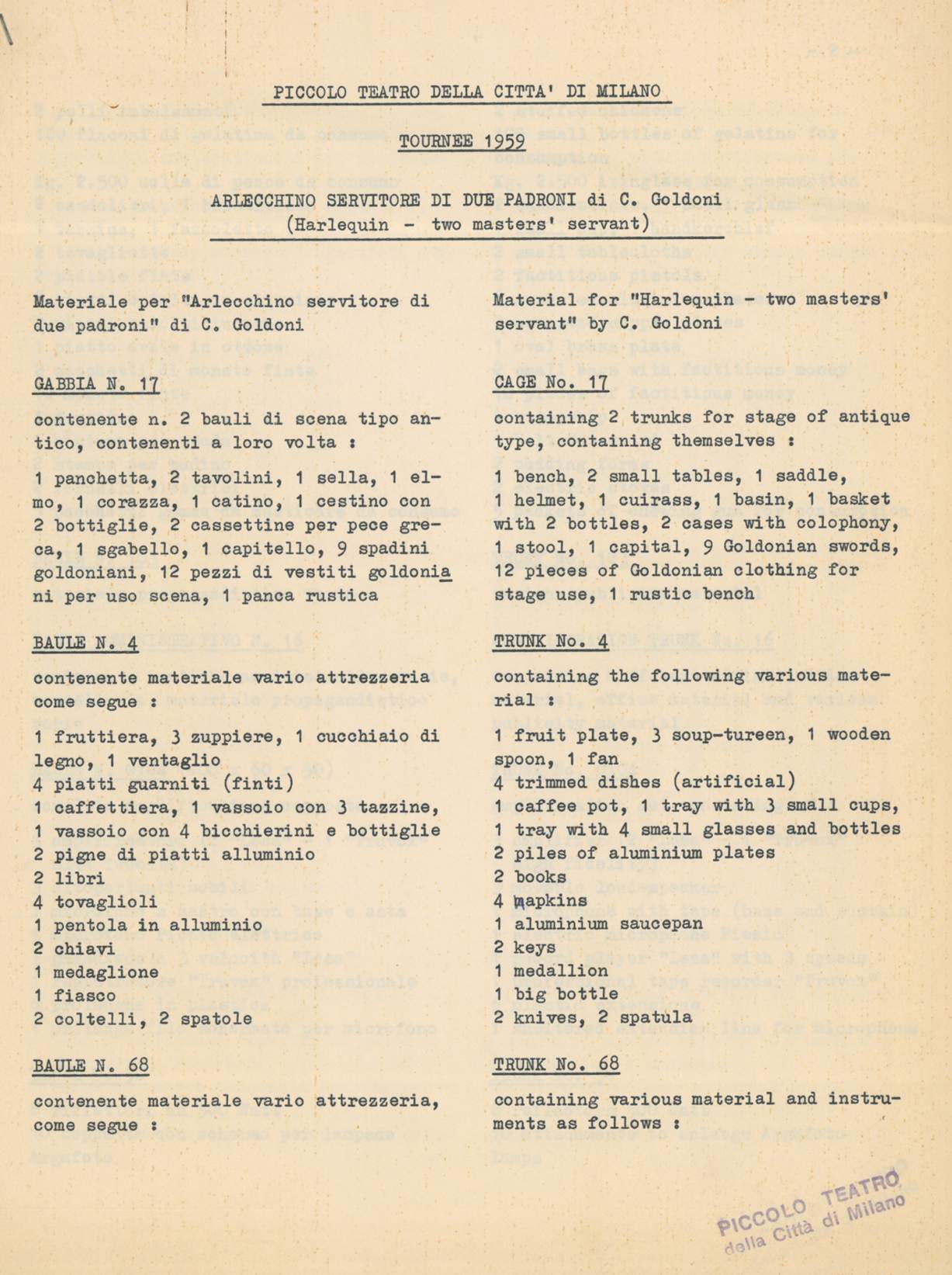 Elenco dei materiali contenuti nei bauli per la tournée negli USA - Archivio Piccolo Teatro di Milano 