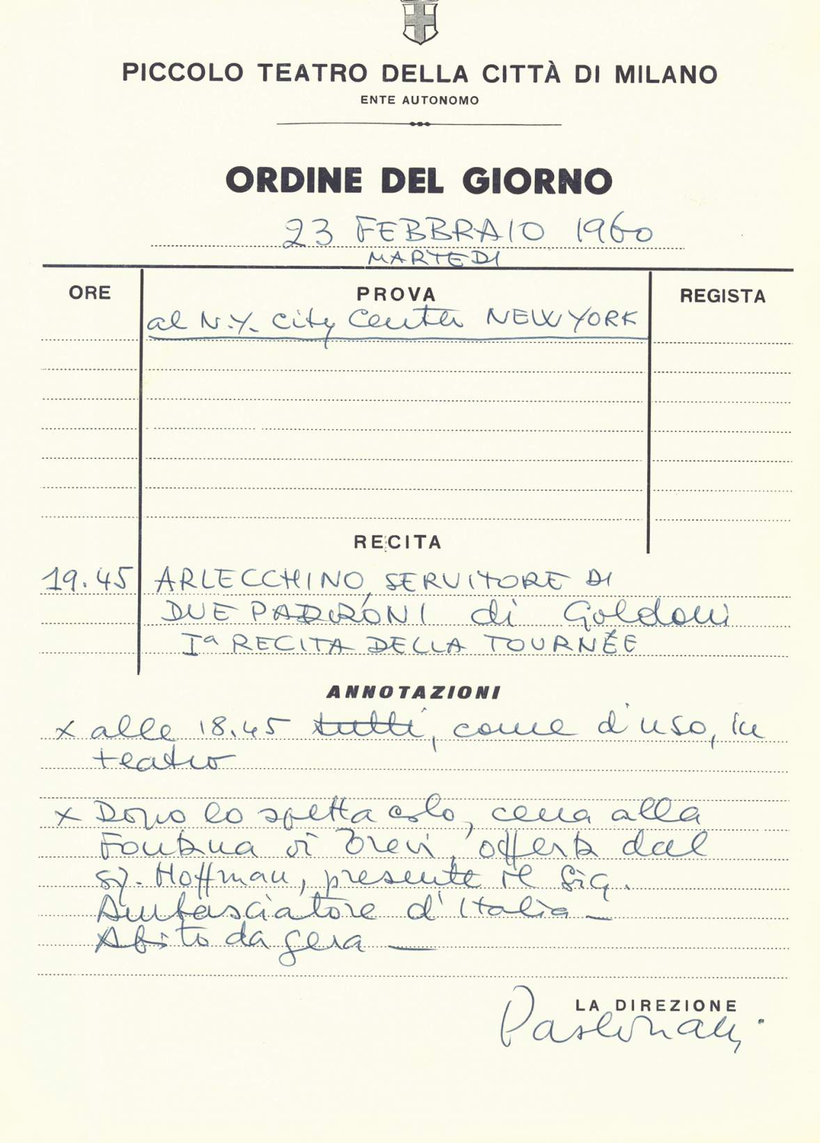 New York, 23 febbraio 1960: cena di gala con l’Ambasciatore - Archivio Piccolo Teatro di Milano
