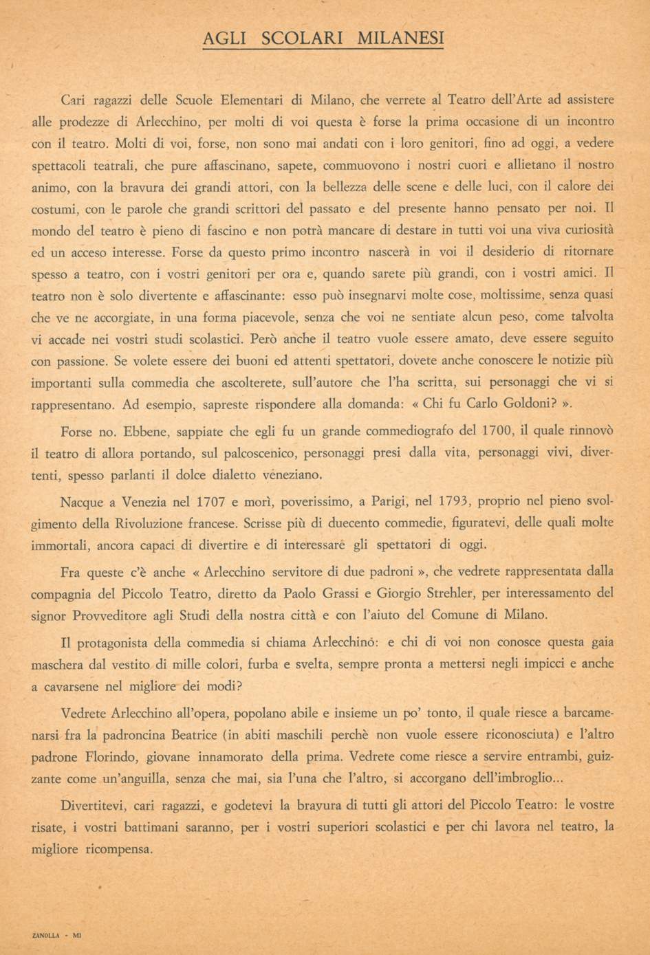 Invito agli scolari milanesi, Teatro dell’Arte, 7 novembre 1966 - Archivio Piccolo Teatro di Milano 
