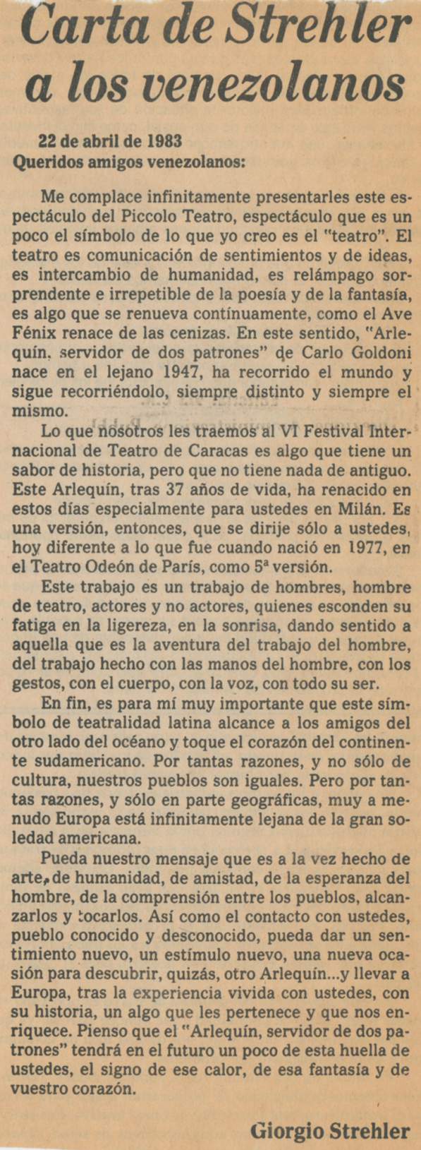 Lettera di Strehler ai venezuelani, in occasione della recita a Caracas - Archivio Piccolo Teatro di Milano 