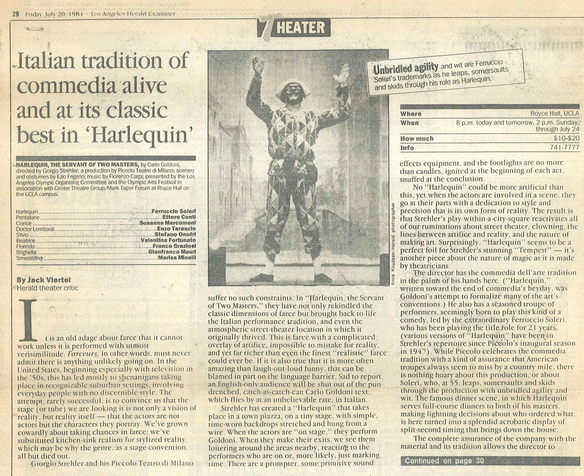 “Los Angeles Herald Examiner”, 20 luglio 1984 - Archivio Piccolo Teatro di Milano