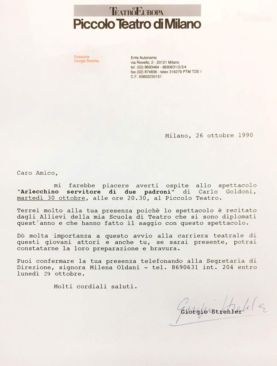 Invito di Strehler all’Arlecchino dei Giovani - Archivio Piccolo Teatro di Milano 