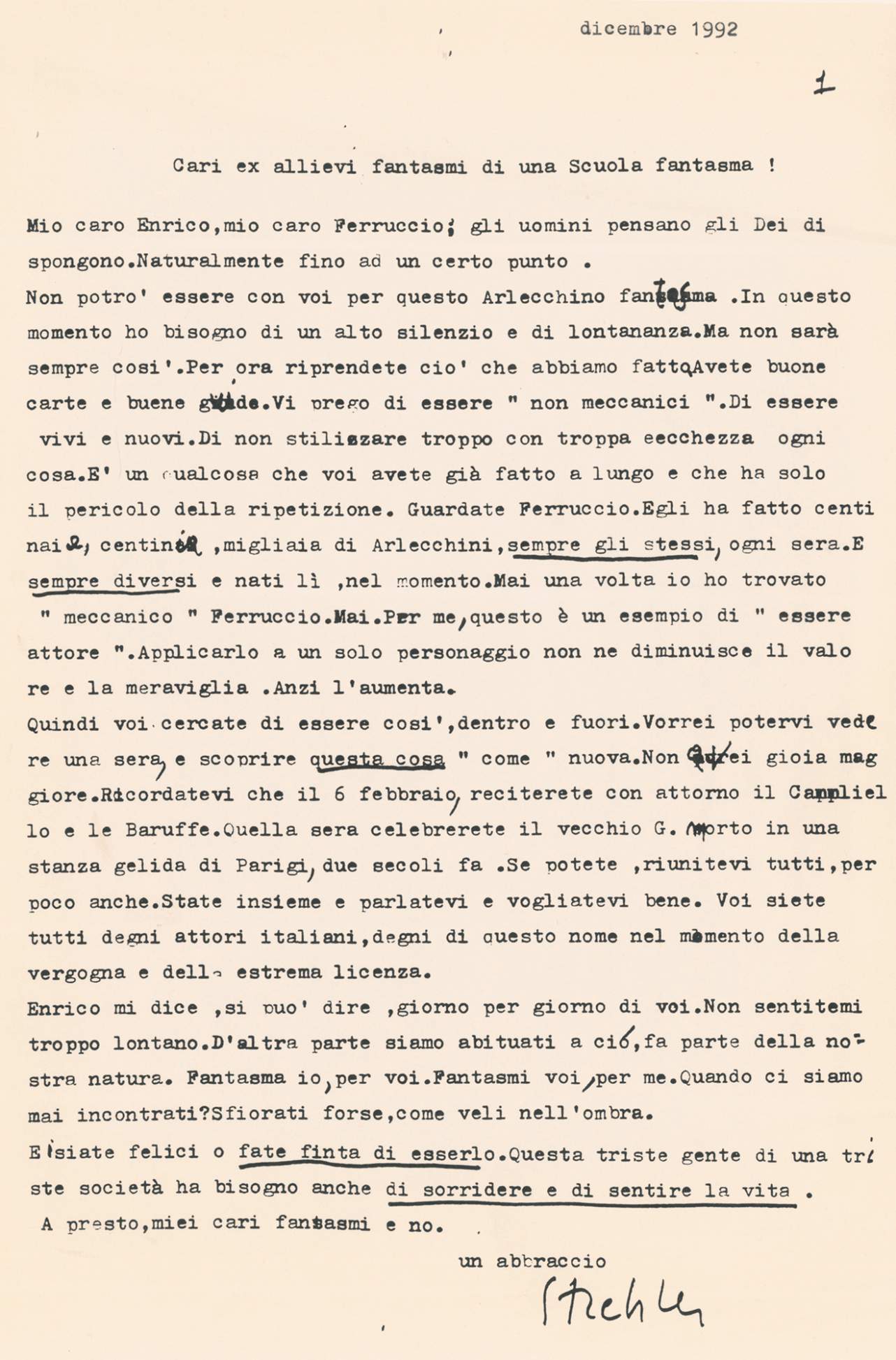 Dicembre 1992. Lettera di Strehler a Enrico D’Amato e Ferruccio Soleri - Archivio Piccolo Teatro di Milano