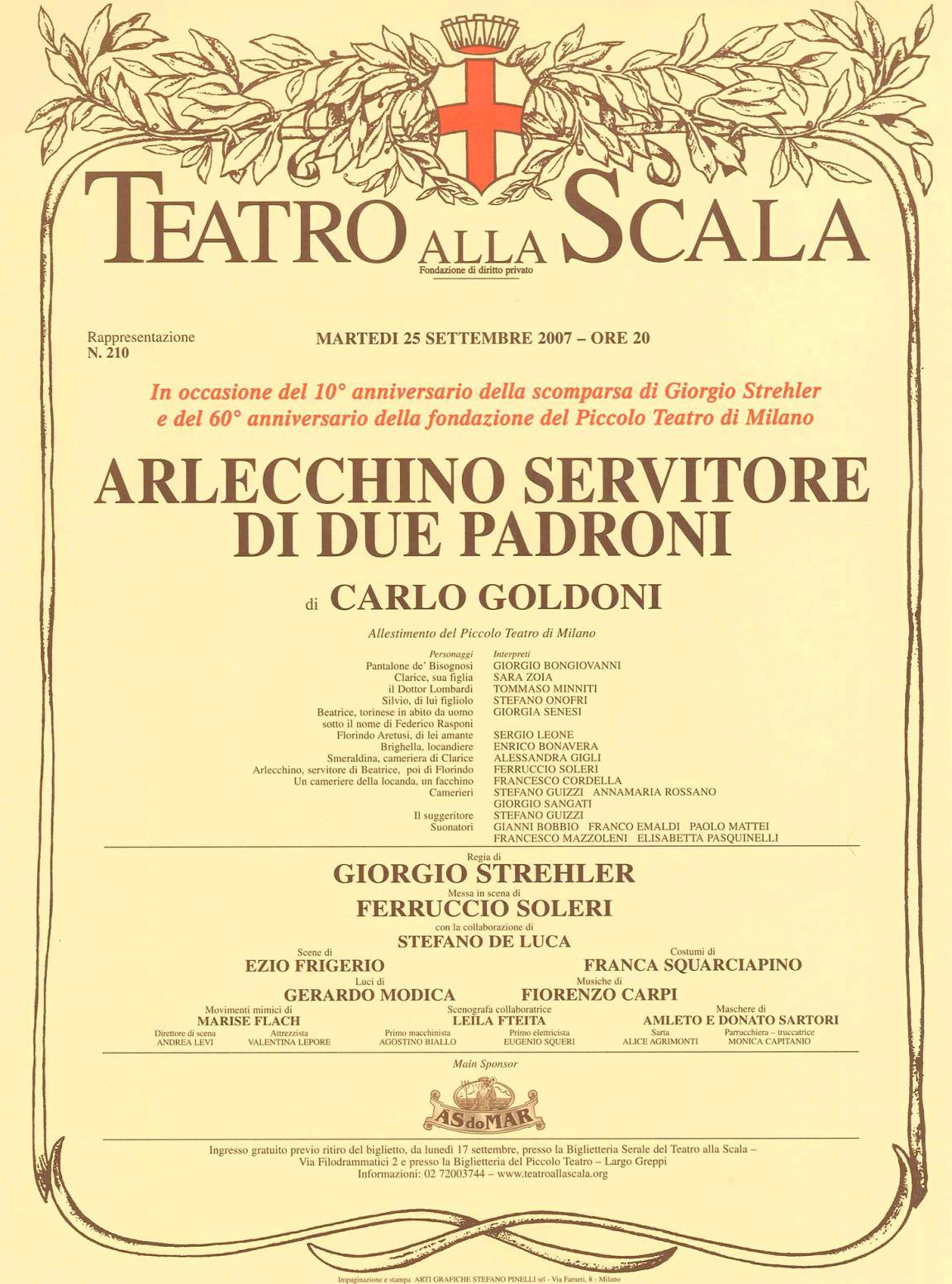 25 settembre 2007, Arlecchino sul palcoscenico del teatro alla Scala 