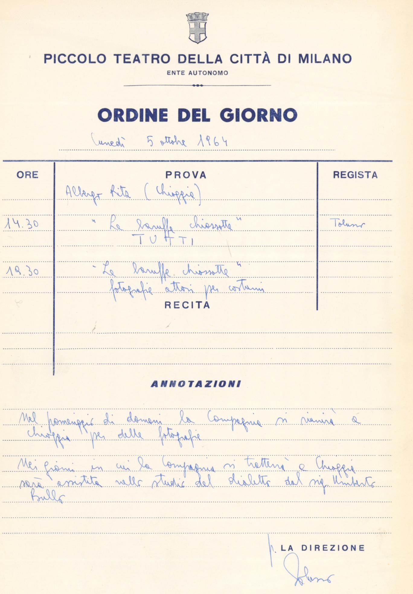 Ordine del giorno: Chioggia, 5 ottobre 1964- Archivio Piccolo Teatro di Milano