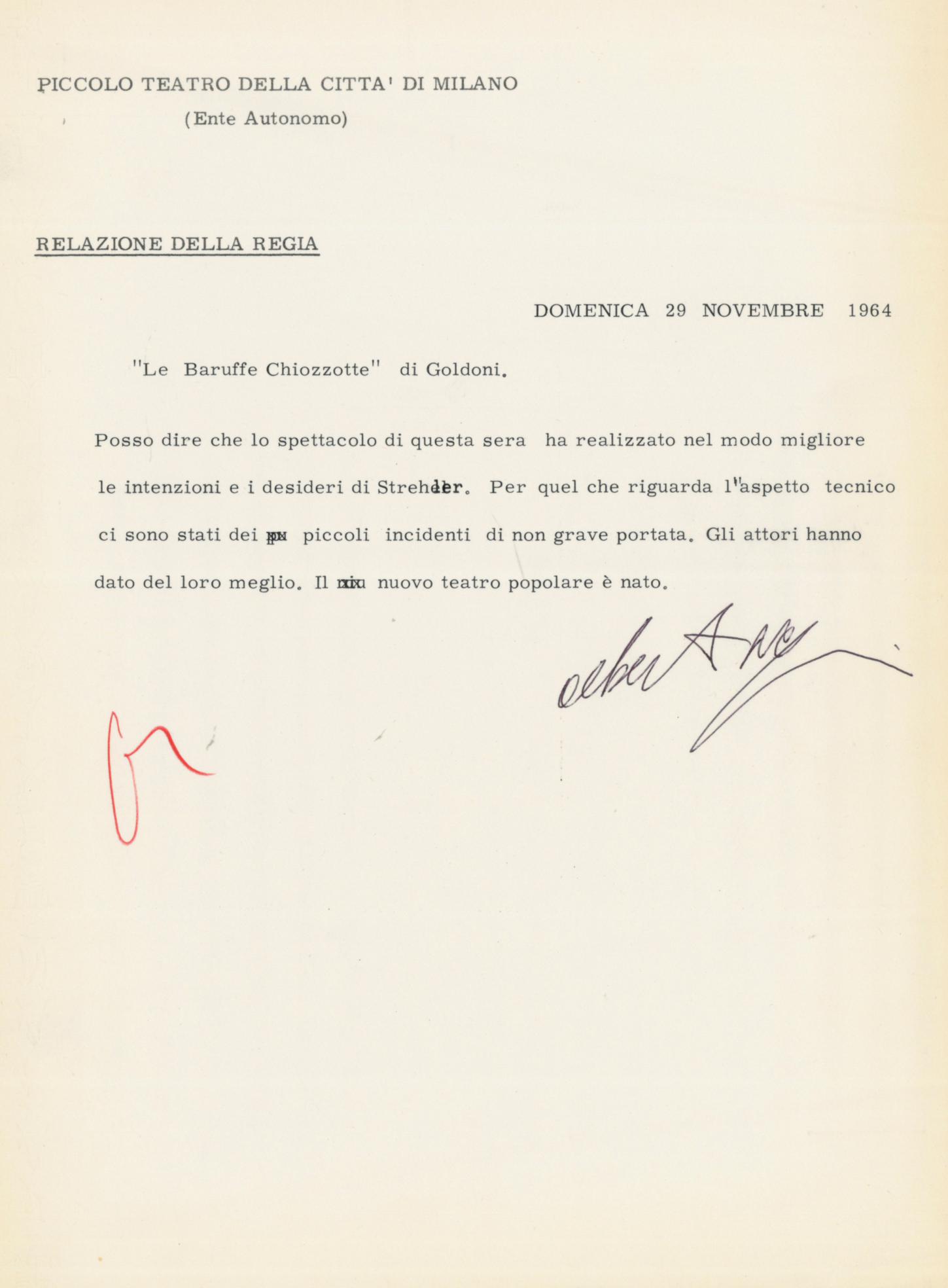 29 novembre 1964: relazione della regia dopo il debutto - Archivio Piccolo Teatro di Milano