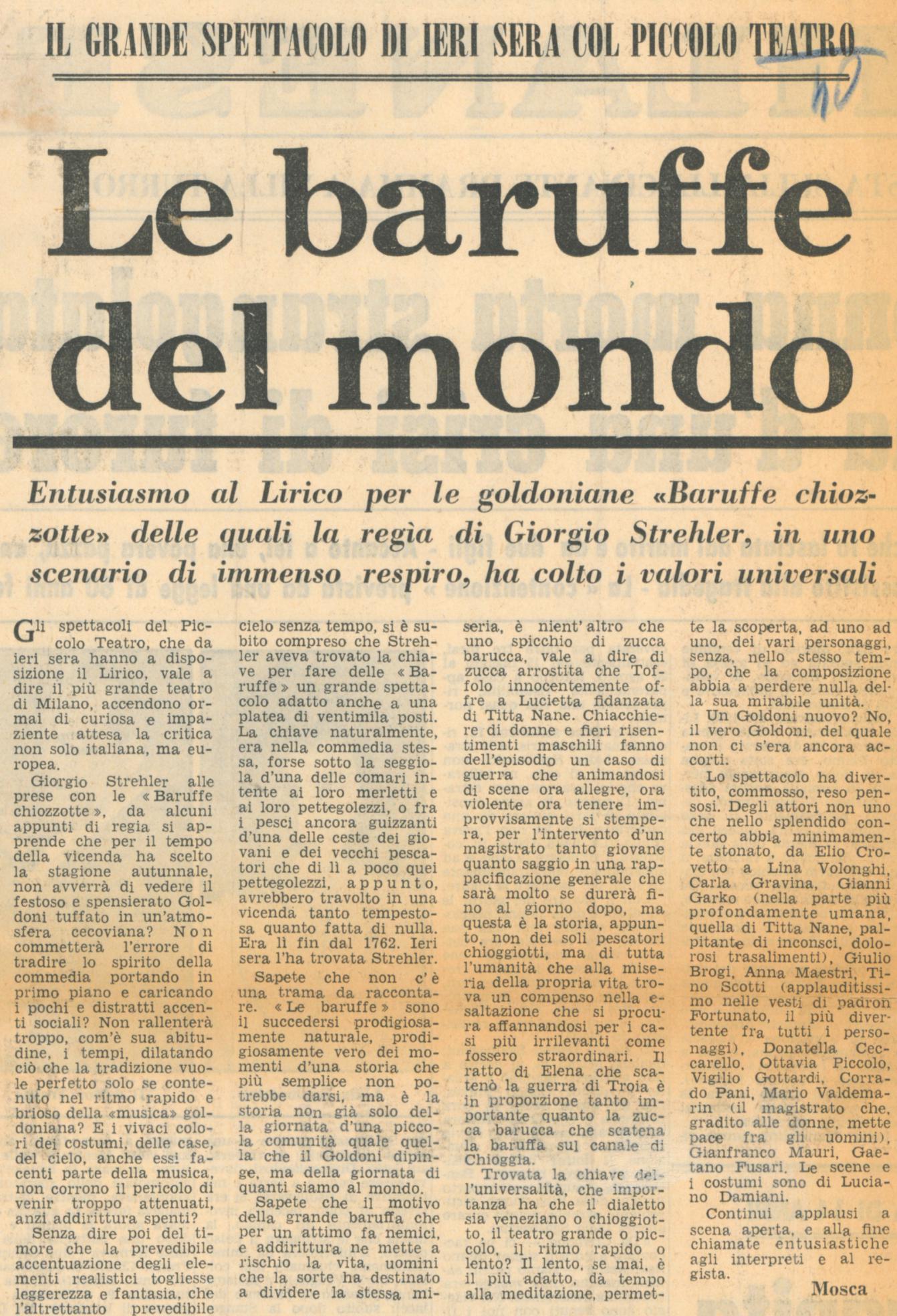 “Corriere d’informazione”, 30 novembre 1964 - Archivio Piccolo Teatro di Milano