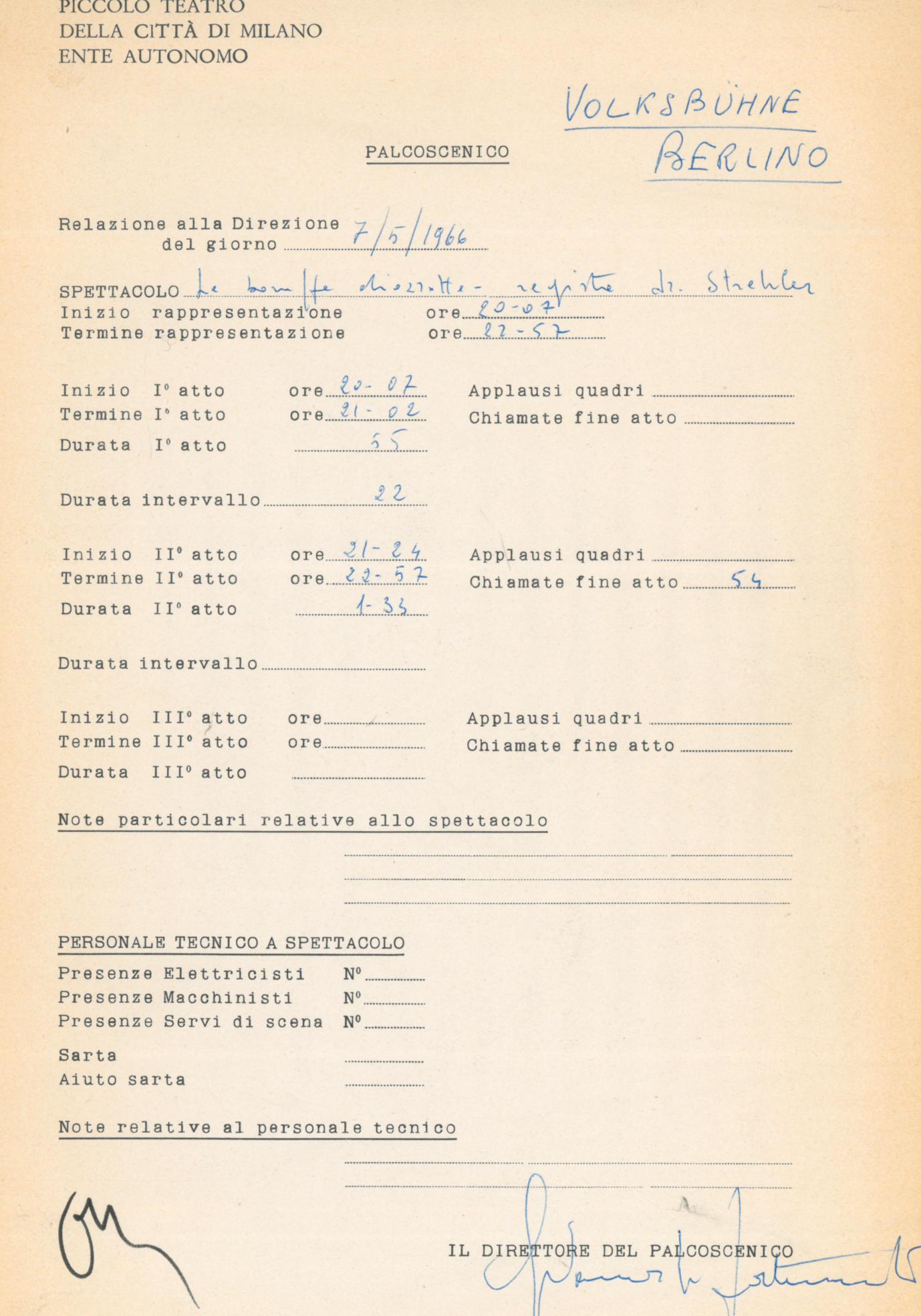 54 chiamate di applausi alla Volksbühne di Berlino, 7 maggio 1966  - Archivio Piccolo Teatro di Milano