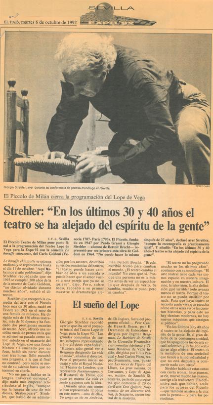 “El País”, 6 ottobre 1992: Siviglia, conferenza-monologo di Strehler per lo spettacolo - Archivio Piccolo Teatro di Milano 