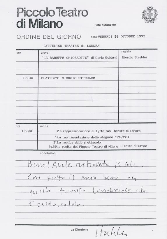 Londra, 30 ottobre 1992: ordine del giorno con i complimenti di Strehler - Archivio Piccolo Teatro di Milano 