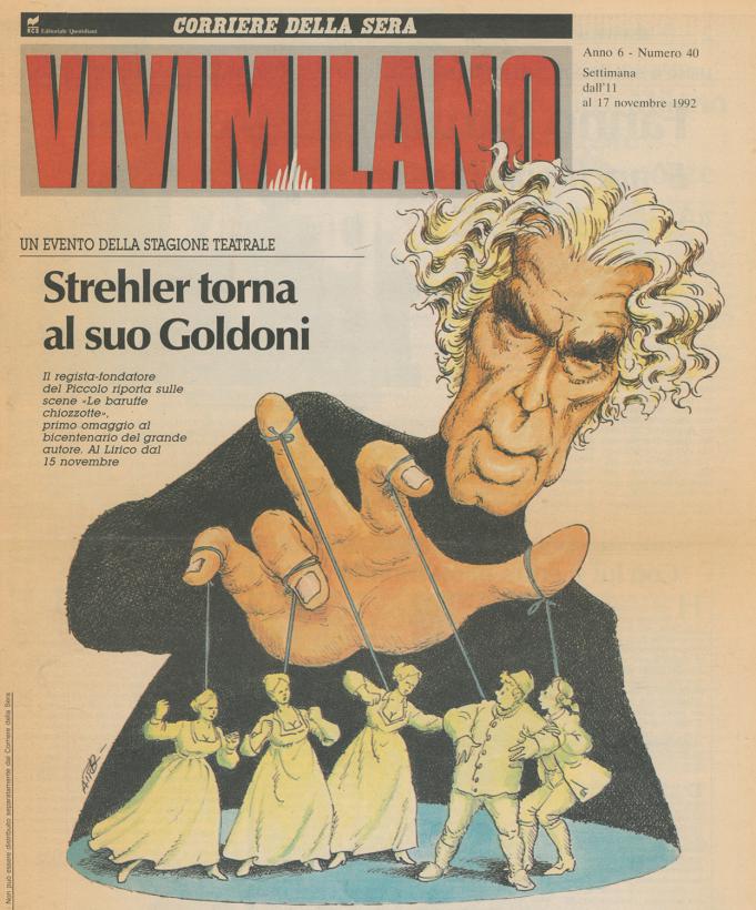 “Vivimilano”, 11 novembre 1992: caricatura dedicata a Strehler e alle Baruffe - Archivio Piccolo Teatro di Milano 