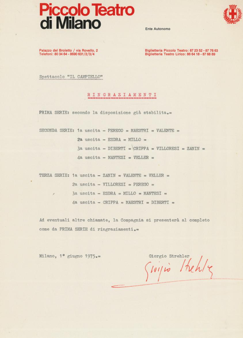Comunicazione di Giorgio Strehler con lo schema dei ringraziamenti - Archivio Piccolo Teatro di Milano 