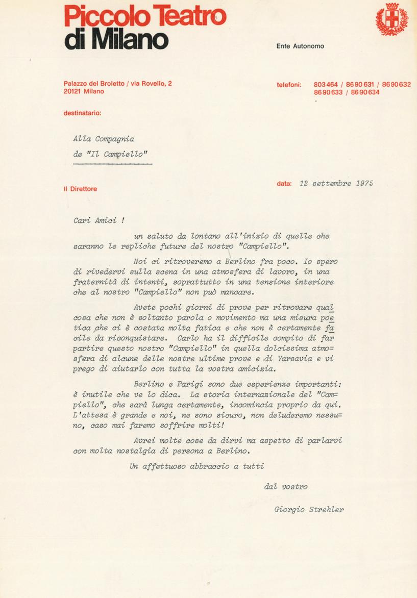Lettera del regista alla compagnia, prima di approdare a Berlino e Parigi - Archivio Piccolo Teatro di Milano 