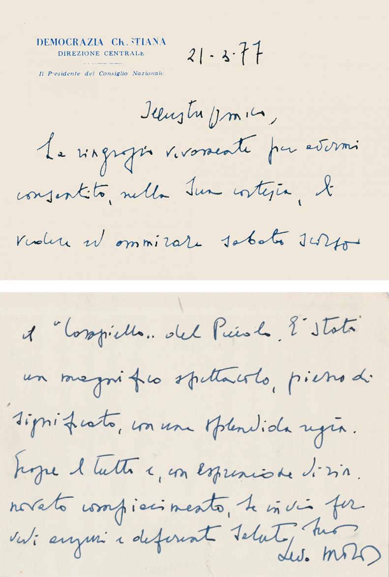 Messaggio a Strehler dell’On. Aldo Moro con i suoi complimenti per lo spettacolo - Archivio Piccolo Teatro di Milano 