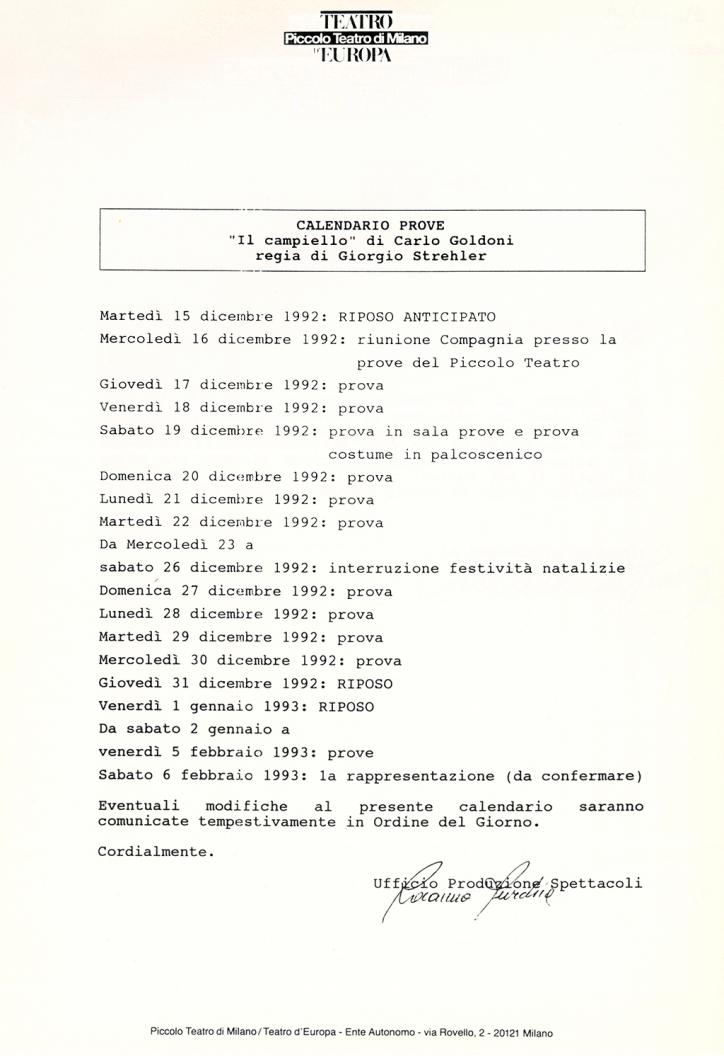 Dicembre 1992, il piano delle prove - Archivio Piccolo Teatro di Milano 