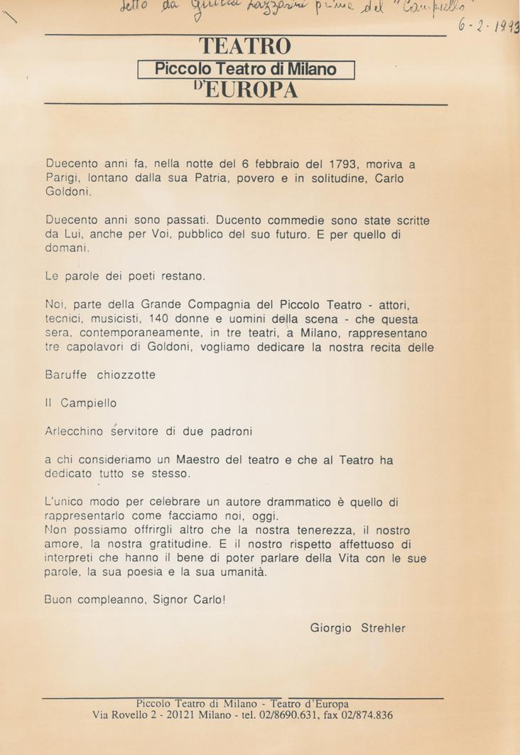 6 febbraio 1993: messaggio di Strehler letto da Giulia Lazzarini alla prima del Campiello - Archivio Piccolo Teatro di Milano 