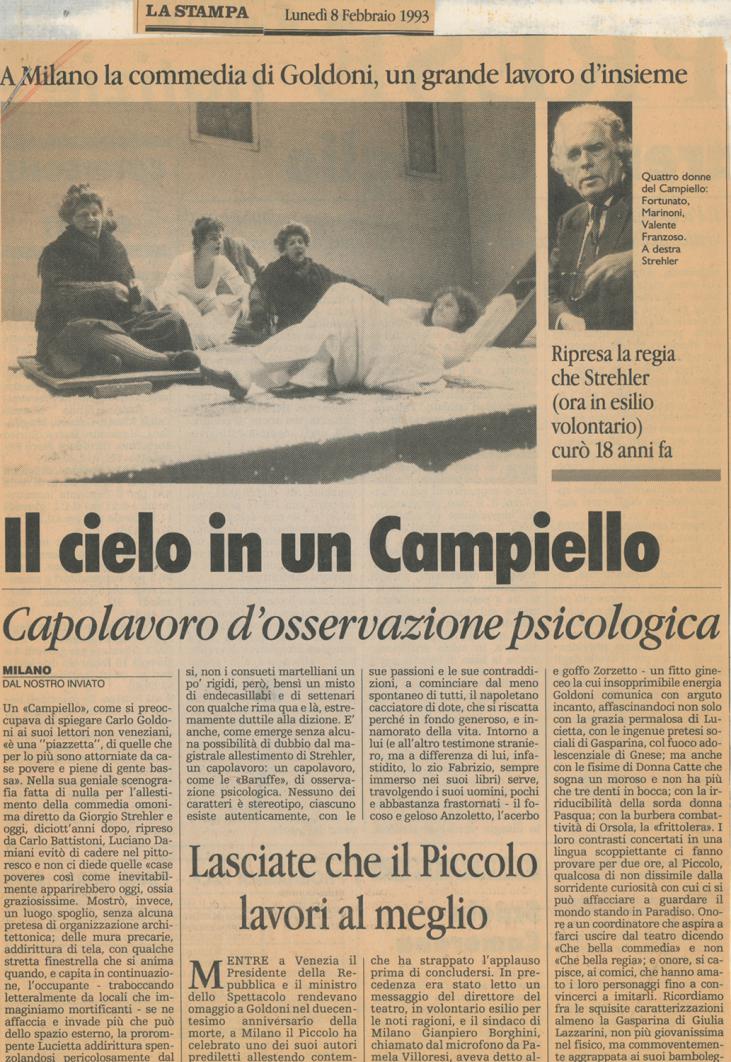 “La Stampa”, 8 febbraio 1993 - Archivio Piccolo Teatro di Milano