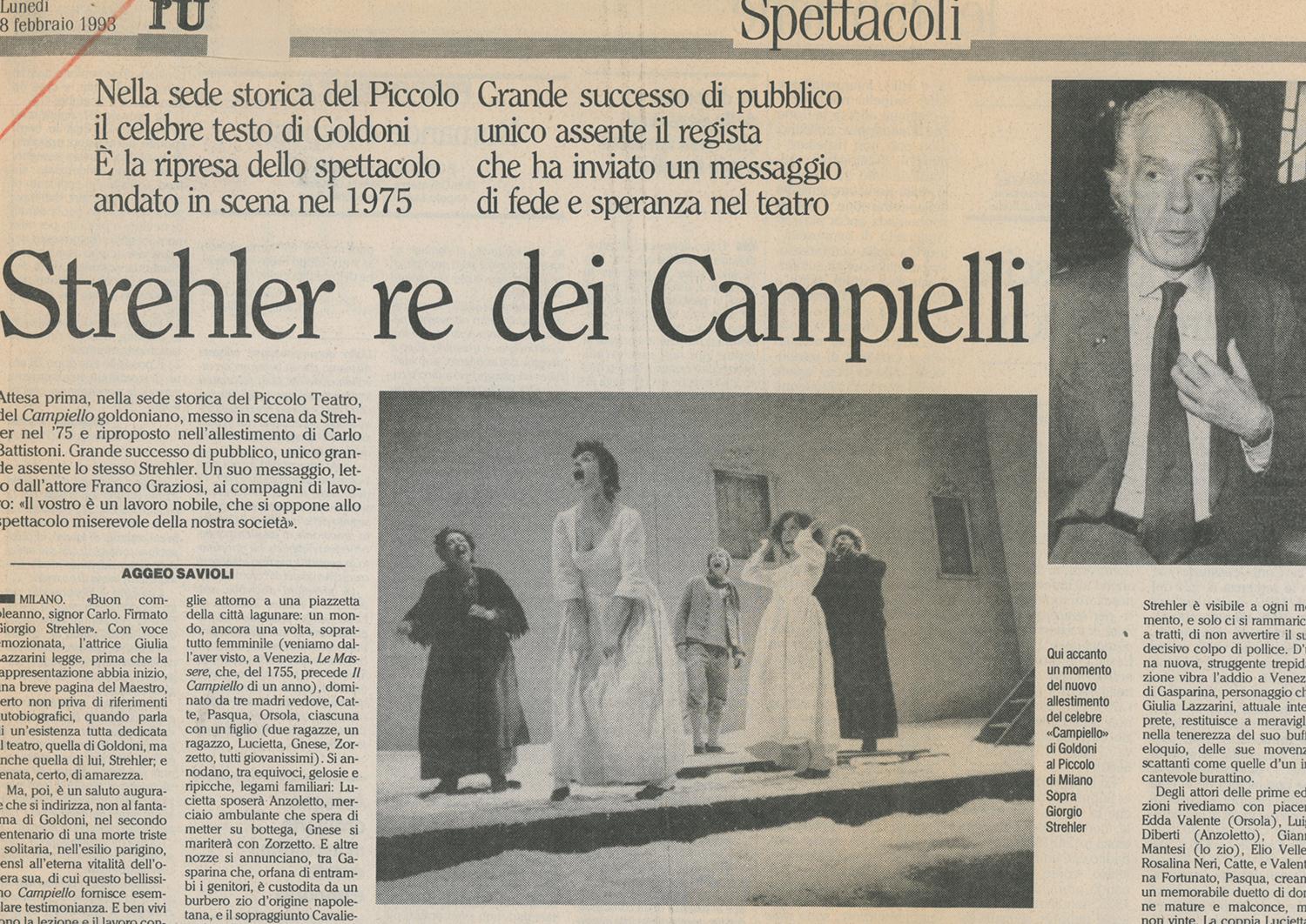 “L’Unità”, 8 febbraio 1993 - Archivio Piccolo Teatro di Milano 