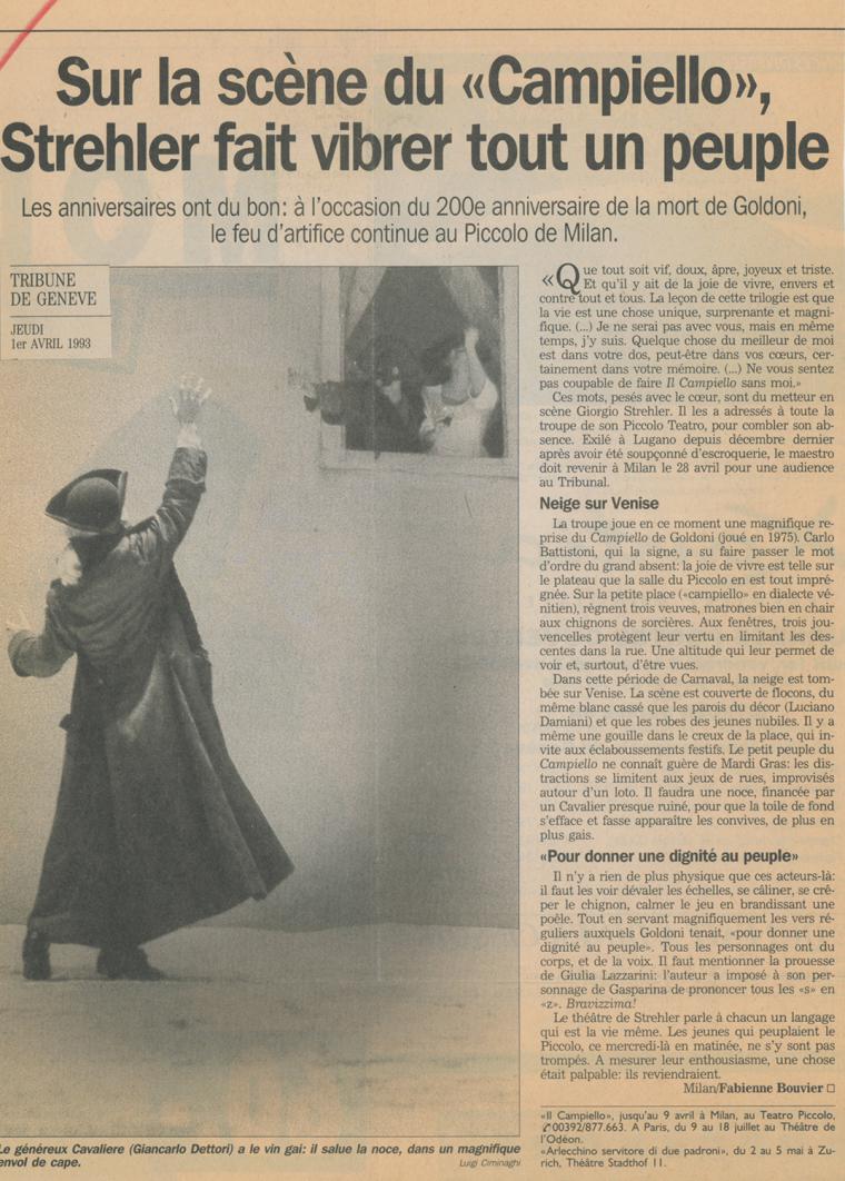 Tribune de Genève”, 1 aprile 1993: anche la stampa straniera celebra il Campiello - Archivio Piccolo Teatro di Milano 
