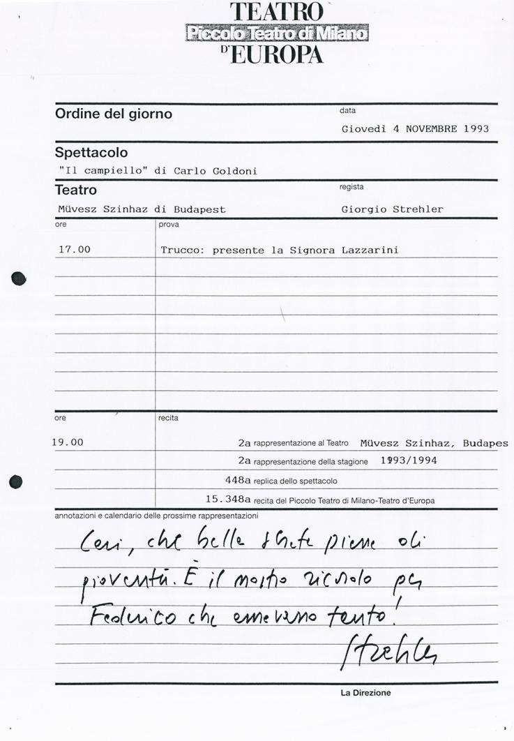  I complimenti di Strehler dopo la recita a Budapest, con un pensiero a Federico Fellini - Archivio Piccolo Teatro di Milano 