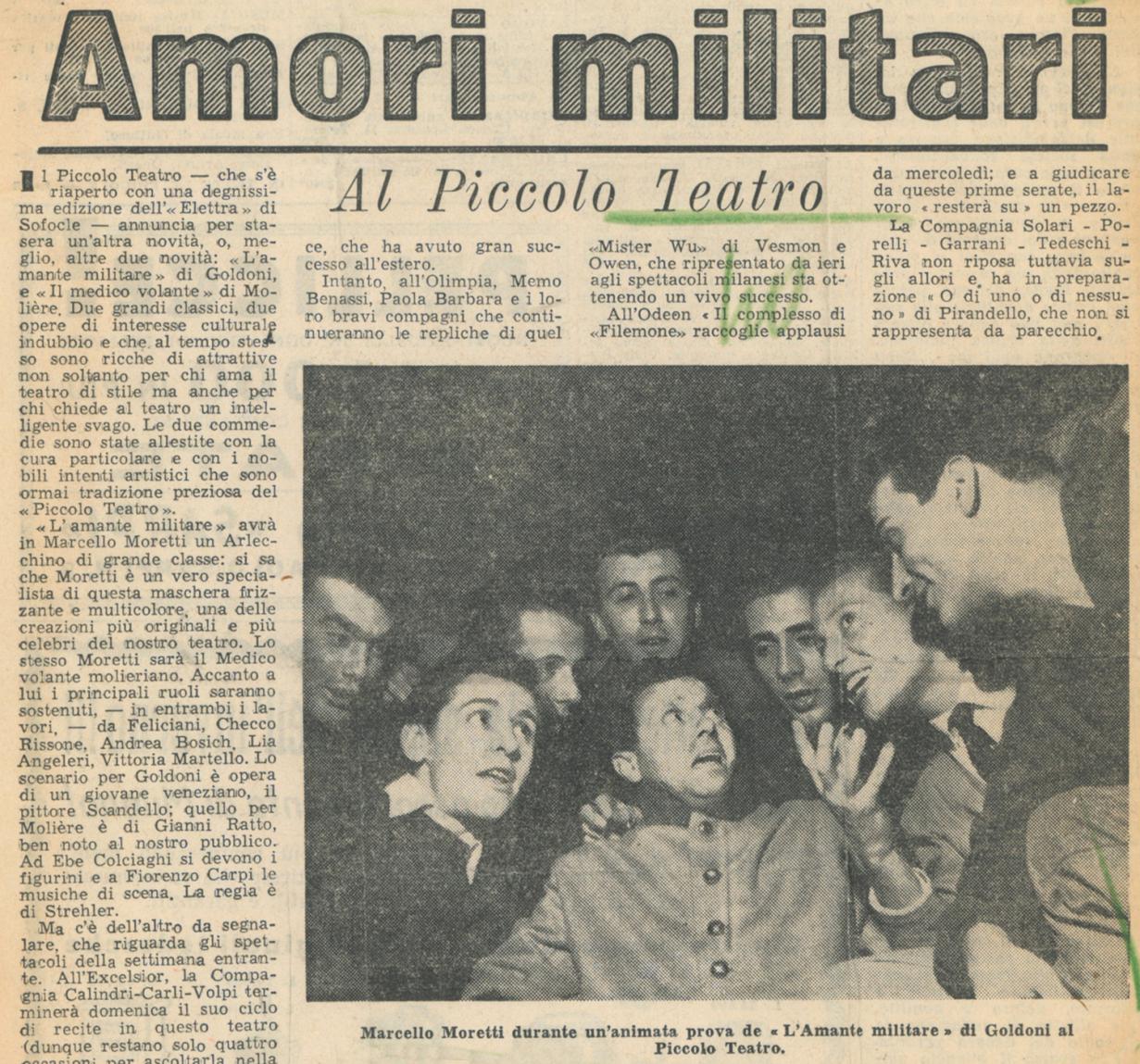 “Milano Sera”, 26 ottobre 1951 - Archivio Piccolo Teatro di Milano