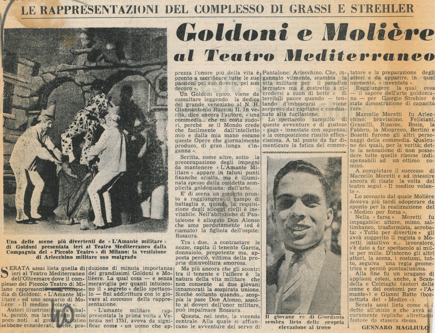 “Il Mattino d’Italia”, 21 agosto 1952 - Archivio Piccolo Teatro di Milano
