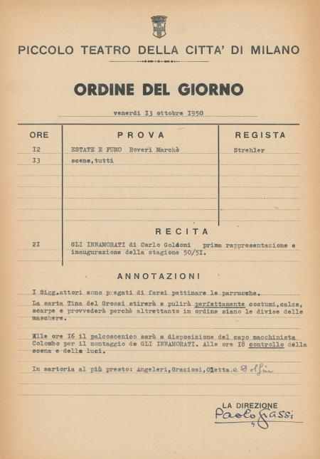 13 ottobre 1950, Ordine del giorno per il debutto milanese - Archivio Piccolo Teatro di Milano 
