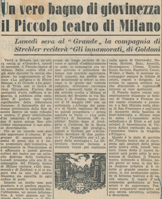 “Il Giornale di Brescia”, 25 ottobre 1950 - Archivio Piccolo Teatro di Milano 