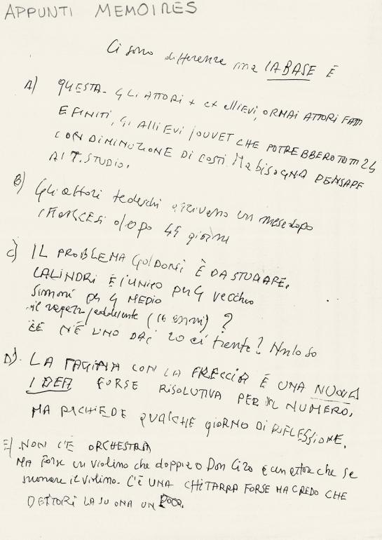 Appunti autografi di Strehler sulla preparazione dello spettacolo - Archivio Piccolo Teatro di Milano 