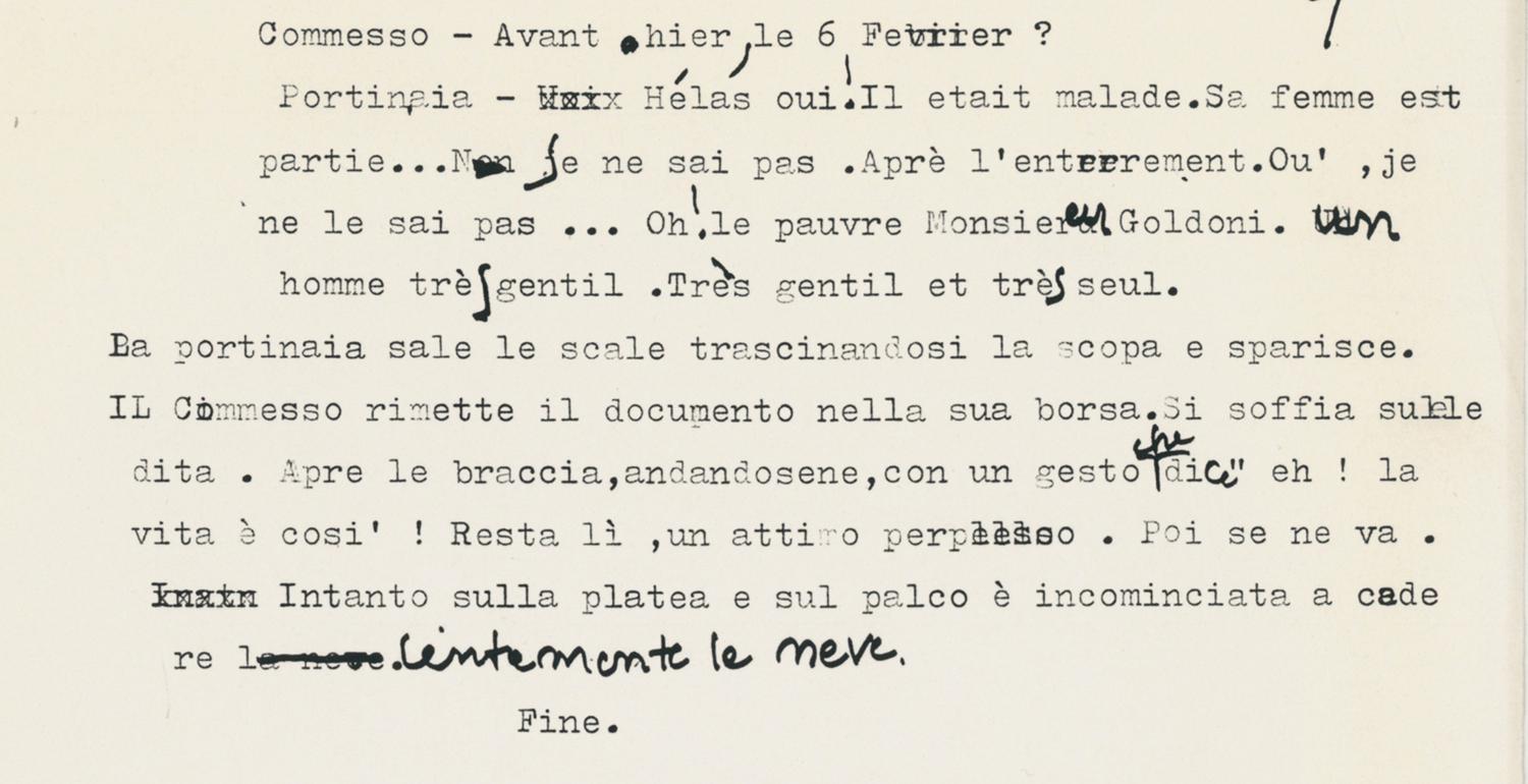 Dettaglio del copione annotato da Strehler con il finale - Archivio Piccolo Teatro di Milano 
