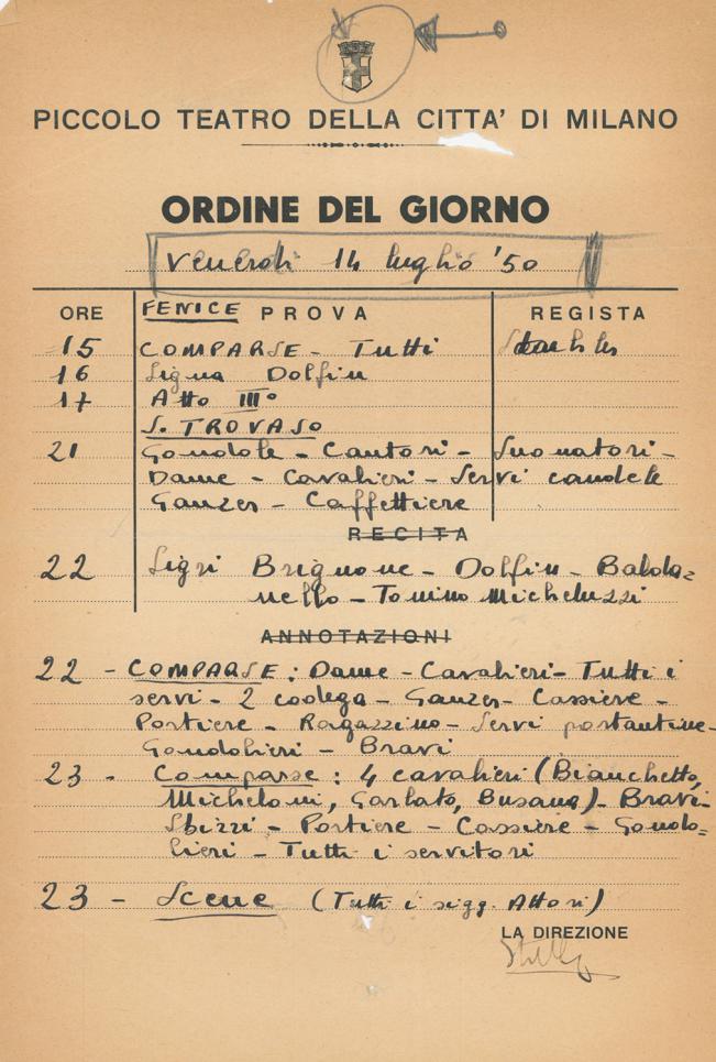 14 luglio 1950, Ordine del giorno durante le prove a Venezia - Archivio Piccolo Teatro di Milano 