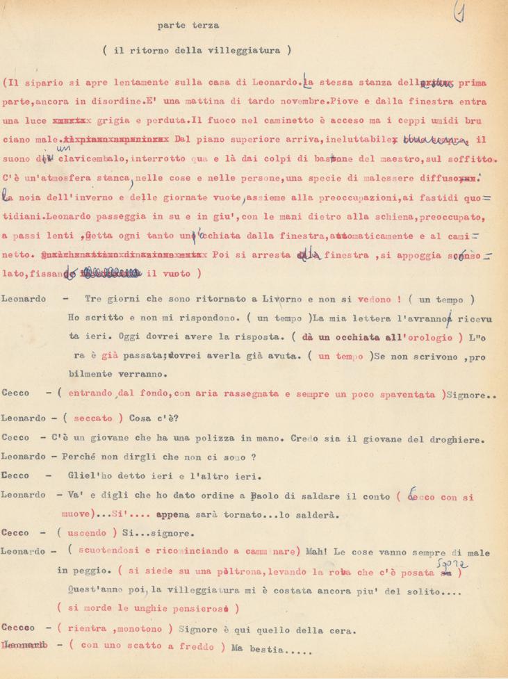 Copione, con in rosso le modifiche e integrazioni apportate da Strehler - Archivio Piccolo Teatro di Milano 