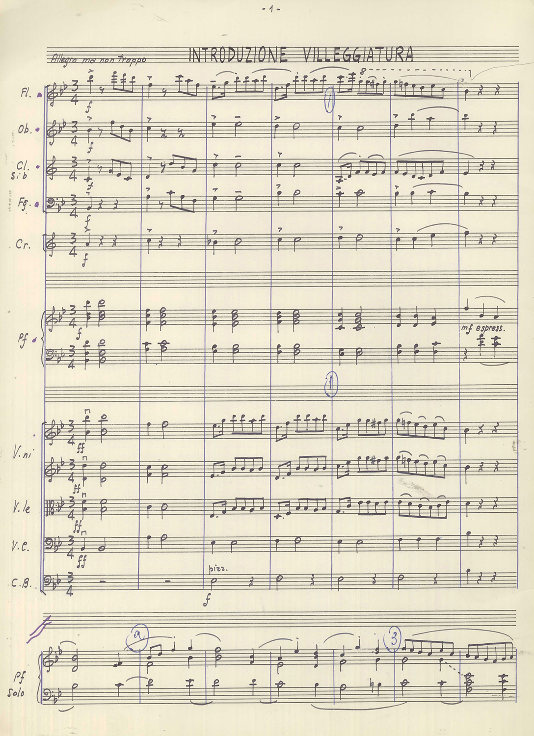 Prima pagina delle musiche di scena autografe di Fiorenzo Carpi - Archivio Piccolo Teatro di Milano 