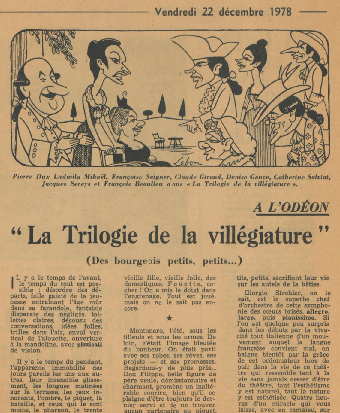 Una caricatura dedicata allo spettacolo su un quotidiano francese - Archivio Piccolo Teatro di Milano