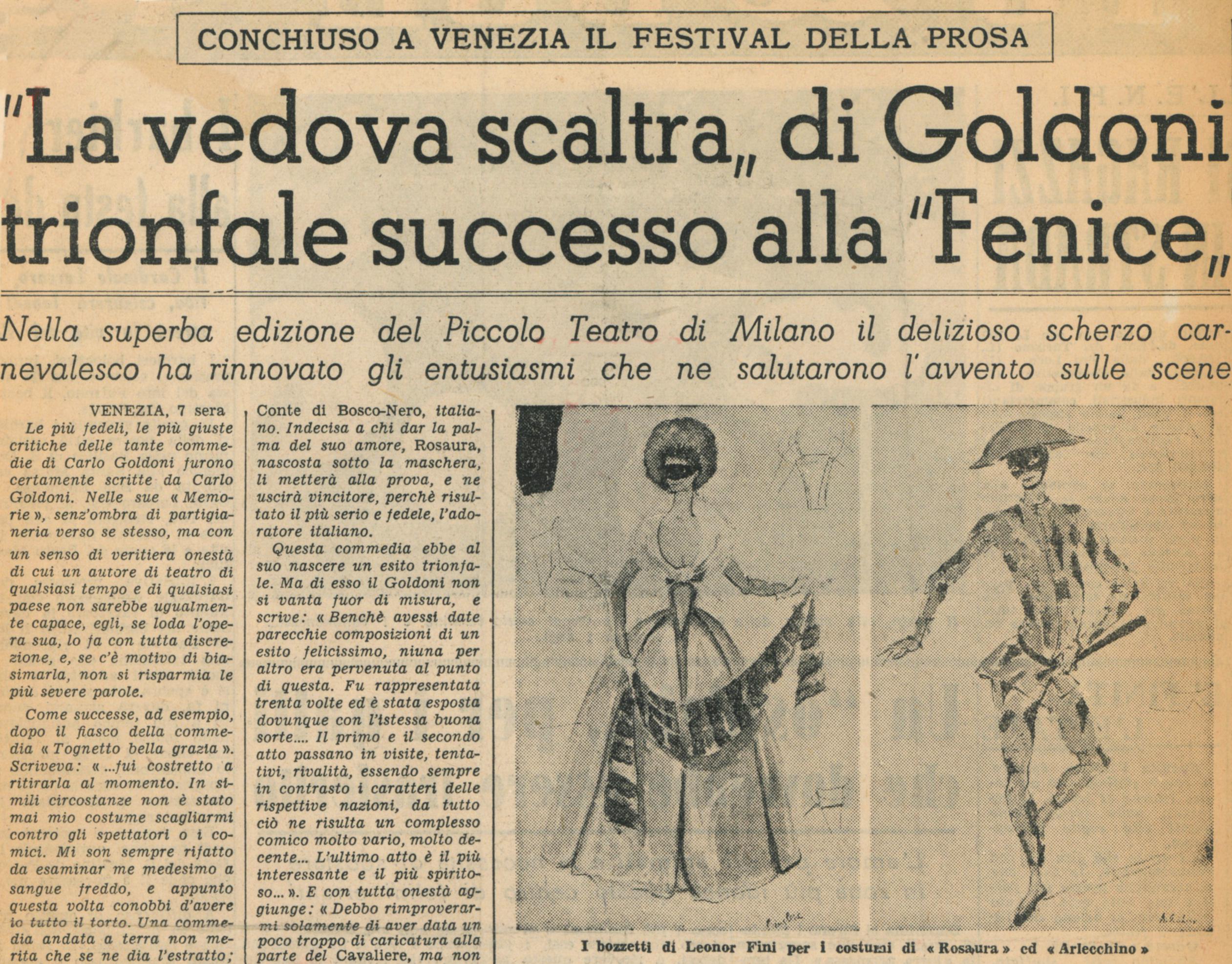 I figurini di Leonor Fini su “L’Avvenire d’Italia”, 8 ottobre 1953 - Archivio Piccolo Teatro di Milano 