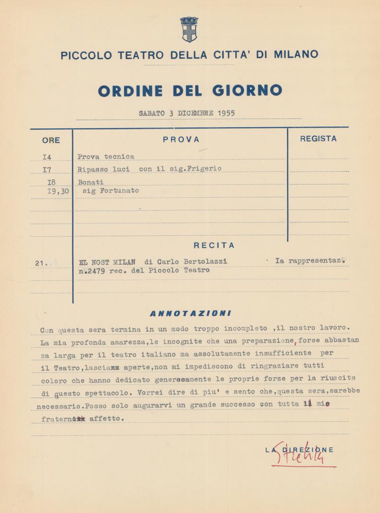 Sull’Ordine del giorno del 3 dicembre 1955, un messaggio di Strehler prima del debutto - Archivio Piccolo Teatro di Milano