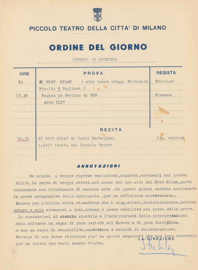 Nel corso delle repliche, un richiamo del regista agli attori - Archivio Piccolo Teatro di Milano