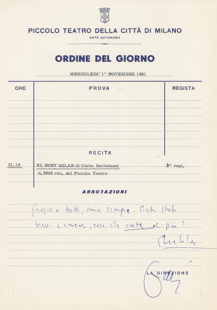 I complimenti del regista in occasione della ripresa del 1961 - Archivio Piccolo Teatro di Milano