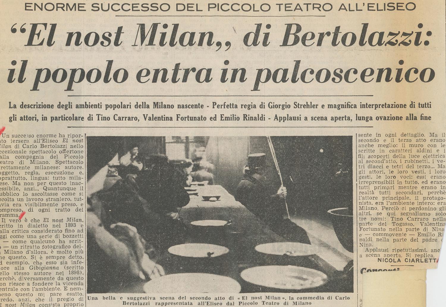 “Il Paese”, 8 aprile 1961: in tournée a Roma al Teatro Eliseo - Archivio Piccolo Teatro di Milano
