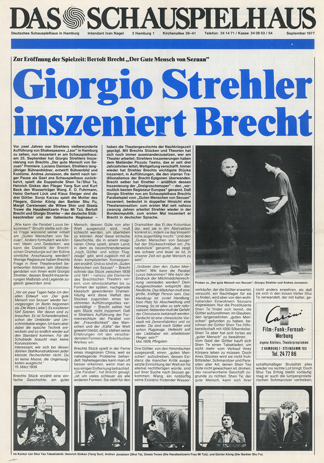 La rivista dello Schauspielhaus di Amburgo annuncia lo spettacolo, settembre 1977 - Archivio Piccolo Teatro di Milano