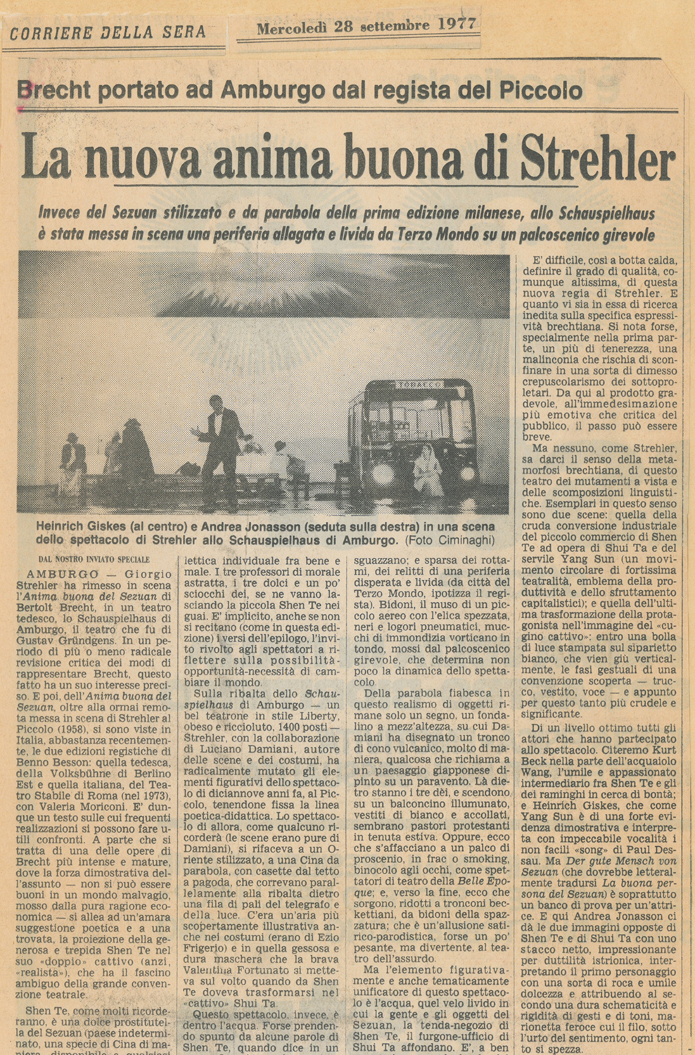 “Corriere della Sera”, 28 settembre 1977 - Archivio Piccolo Teatro di Milano