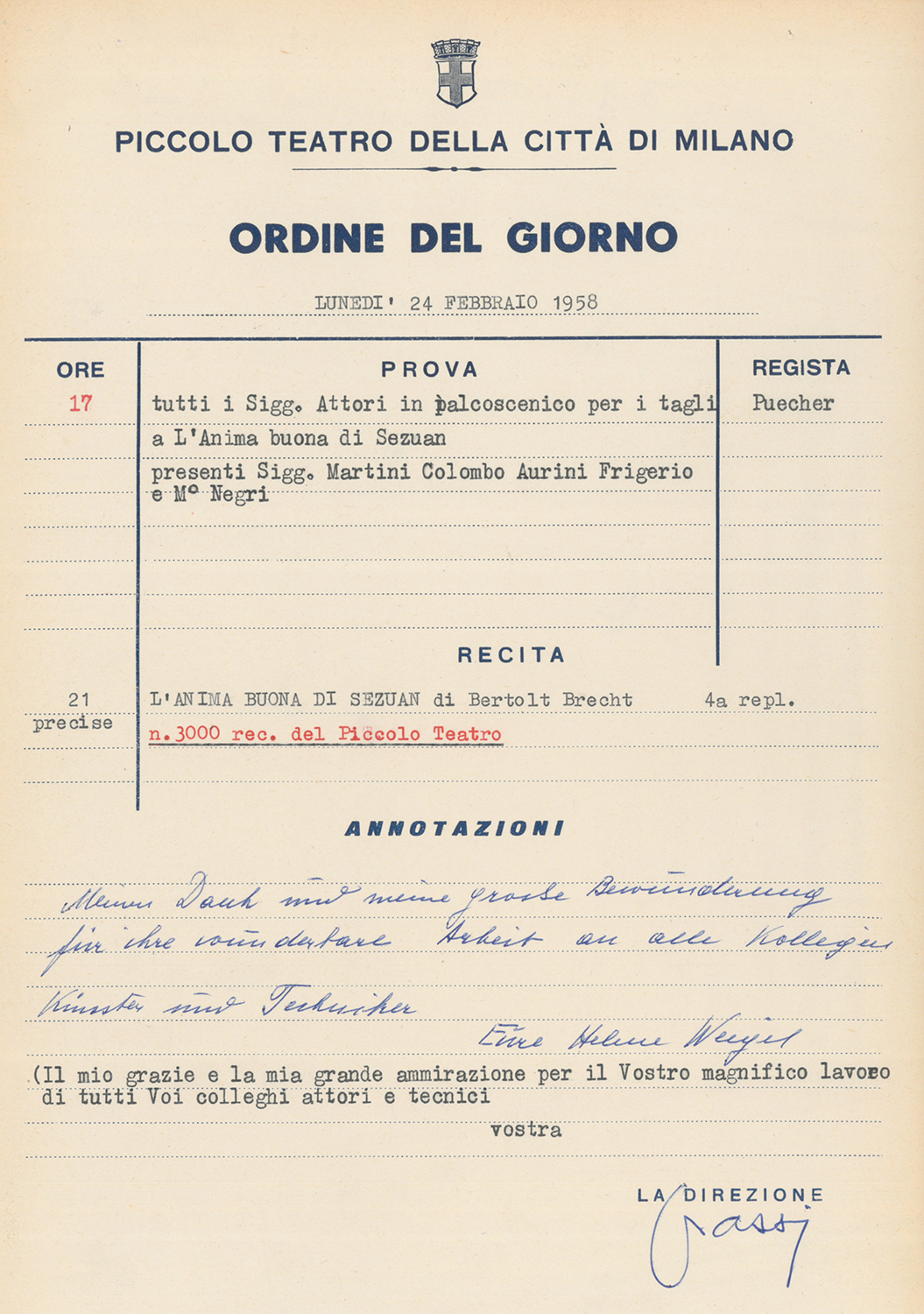  I complimenti di Helene Weigel sull’Ordine del giorno del 24 febbraio 1958 - Archivio Piccolo Teatro di Milano