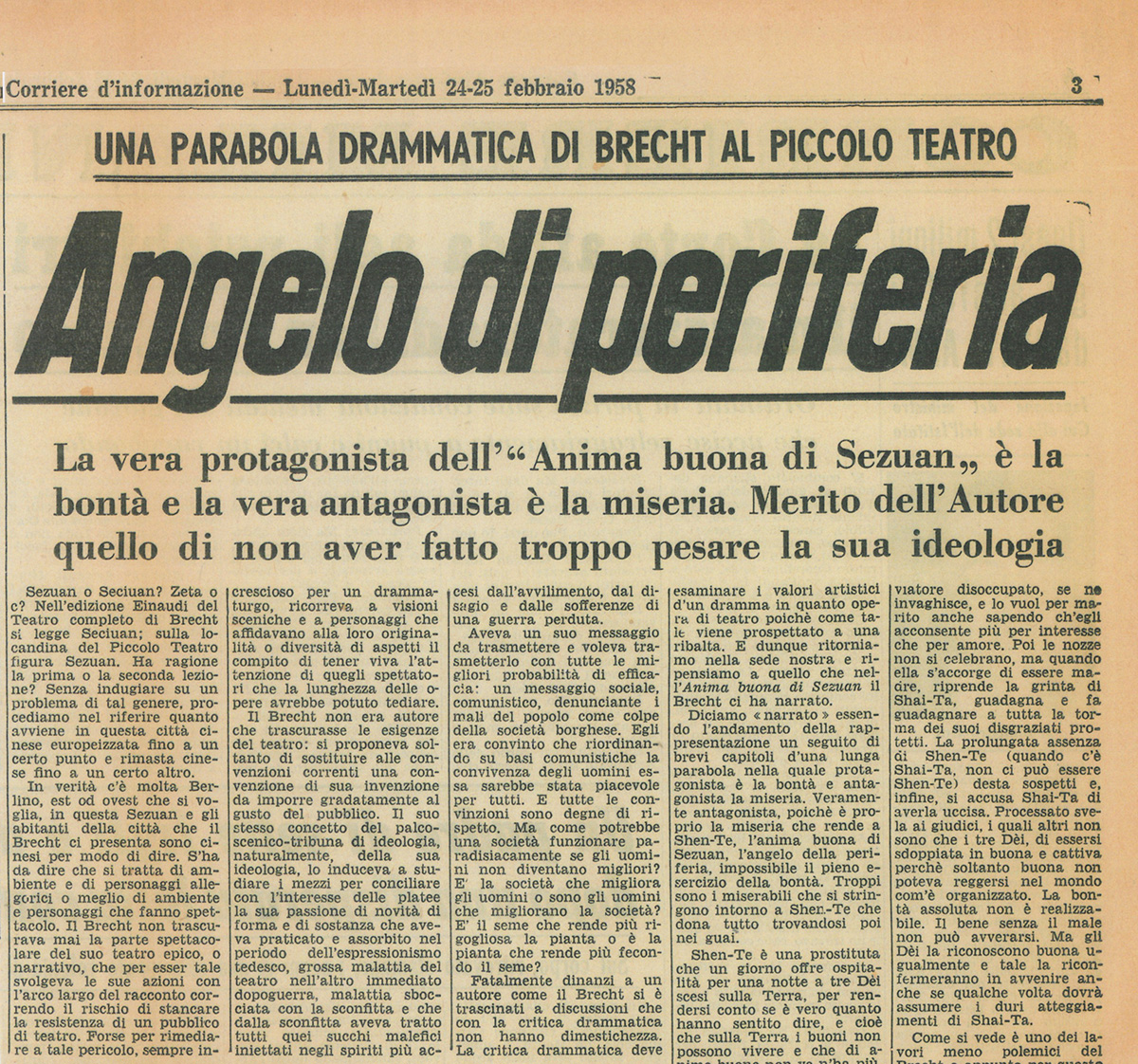 “Corriere d’informazione”, 24-25 febbraio 1958 - Archivio Piccolo Teatro di Milano 
