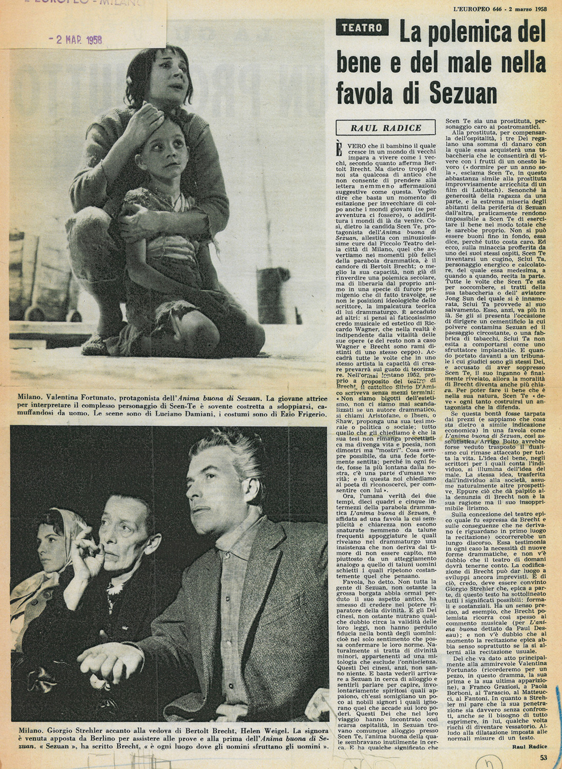 “L’Europeo”, 2 marzo 1958 - Archivio Piccolo Teatro di Milano 