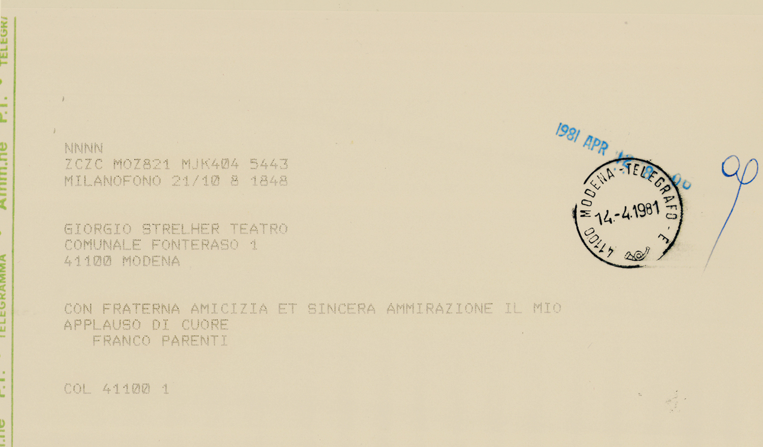 14 aprile 1981: telegramma con i complimenti di Franco Parenti - Archivio Piccolo Teatro di Milano