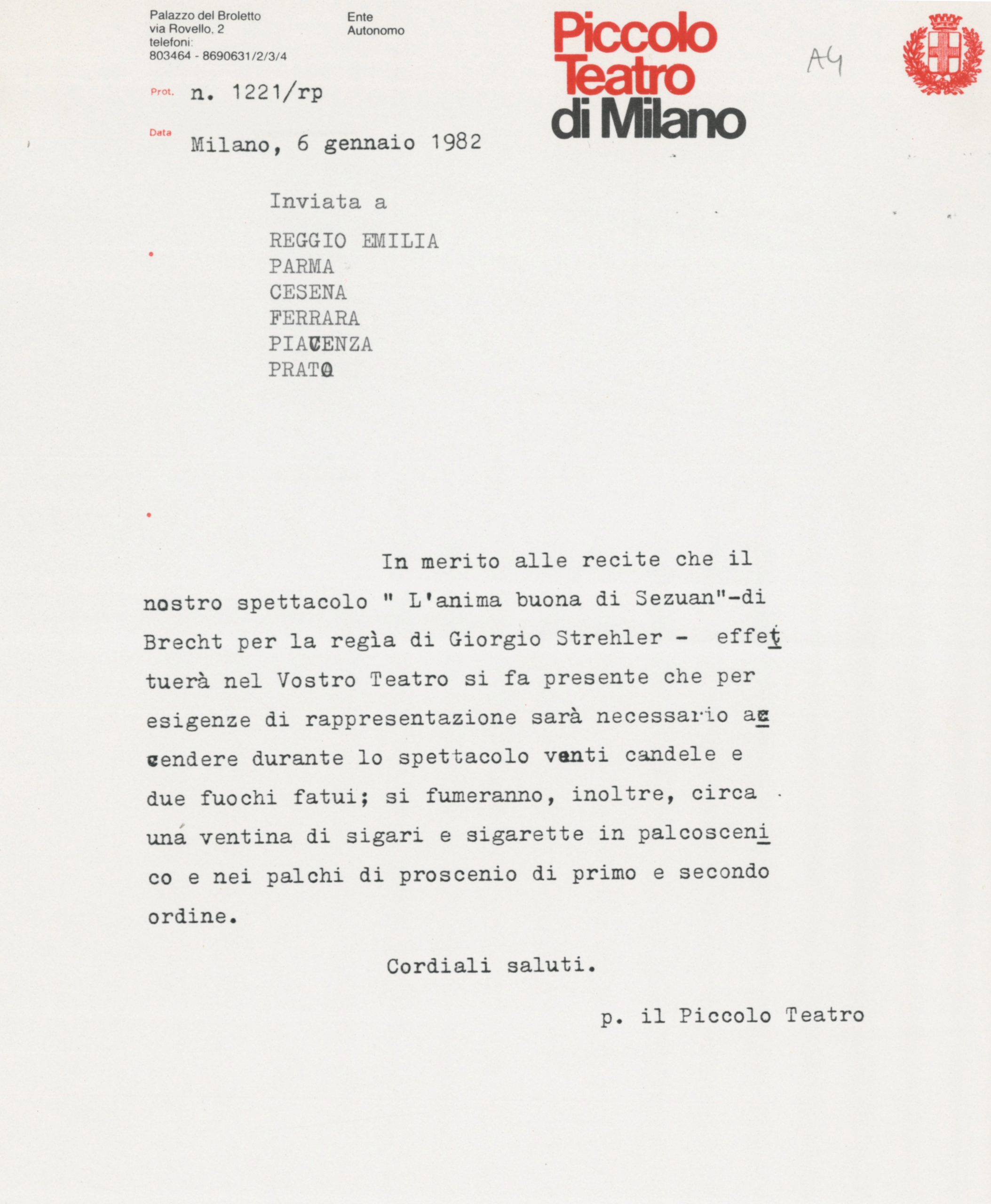 Indicazioni ai teatri, in vista della tournée italiana - Archivio Piccolo Teatro di Milano